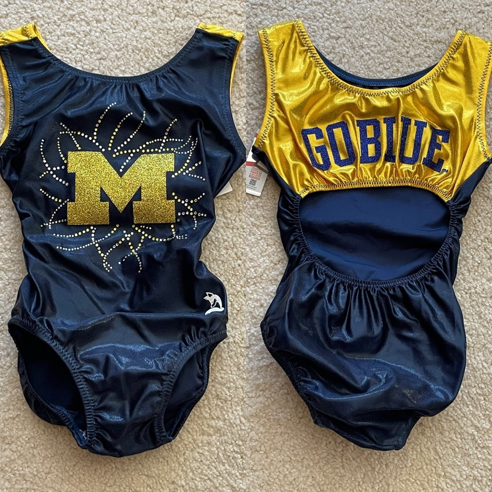 NWT Foxy’s University of Michigan UofM Bling Gymnastics Leotard Child Adult